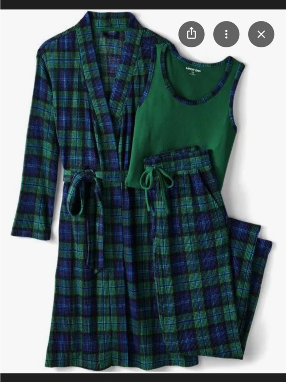 Lands' End Green and Navy Plaid Flannel Pajama Set